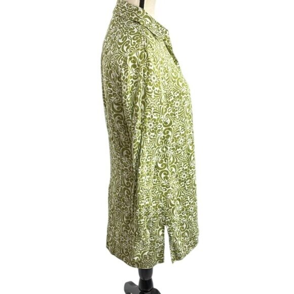 Charter Club Button Front Blouse Womens Size 6 Green White Scroll Print Linen - Picture 4 of 7